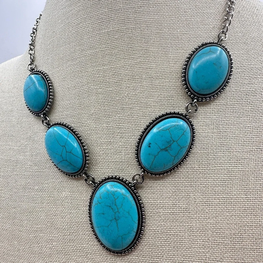 VTG Silver Tone Turquoise Color Bib‎ Necklace Chunky Statement Bold Boho Retro